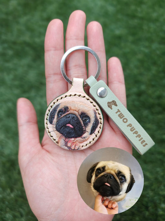 Pet Portrait Leather Hand-tooled & Sculpted Mini Keyring Keepsake