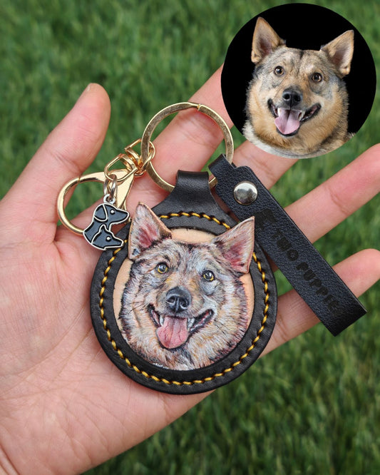 Pet Portrait Leather Hand-tooled & Sculpted Keyring Keepsake