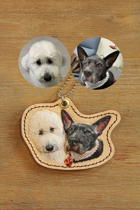 Two Pet Portraits Leather Hand-tooled & Sculpted Keyring Keepsake